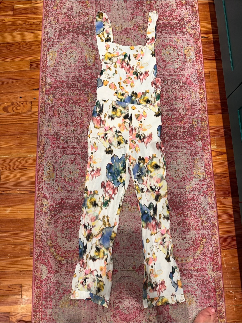 Zara White Floral Wide-Leg Jumpsuit with Blue and Pink Accents